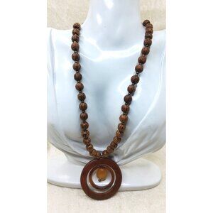 Vintage Bohemian Style Wooden Beaded Necklace With Large Circular Pendant